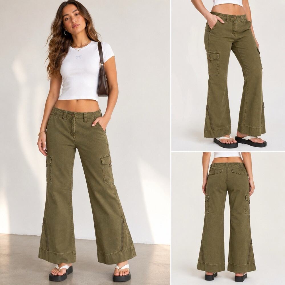 The Limited Y2K Cargo Pants Womens 12 Olive Wide Leg Zip Detail 2005 Utility
